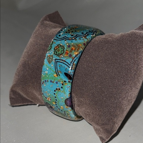 Artisan Teal and Gold Lucite Chunky Bangle Floral Paisley Bracelet Dimensional - Picture 1 of 9